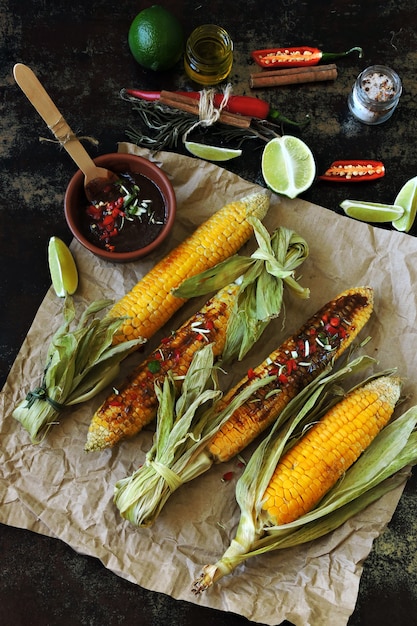 Épis de maïs cuits dans les feuilles sur une plaque à pâtisserie. Sauce chili-lime.