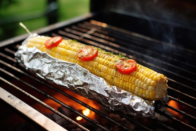 Épis de maïs enveloppés dans du papier d'aluminium, cuisson sur barbecue