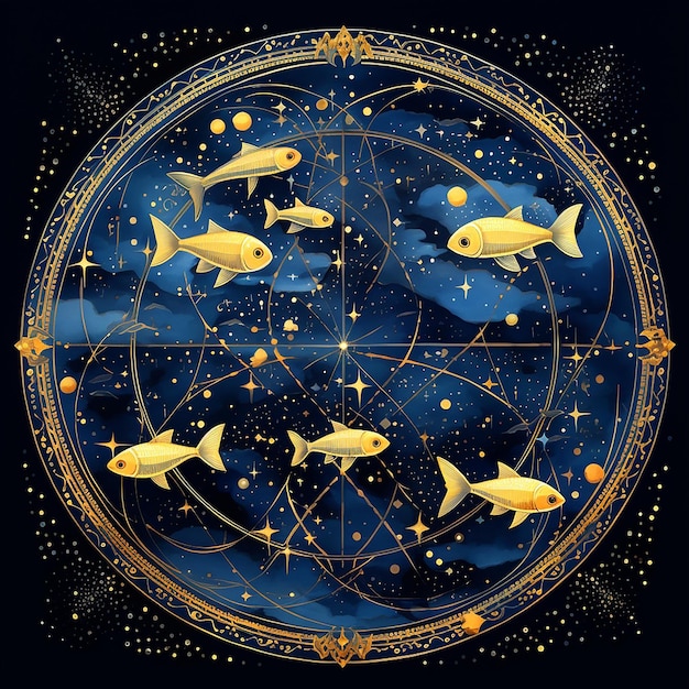 Pisces est cartographié dans le ciel avec des étoiles de couleur bleu foncé étoiles jaunes