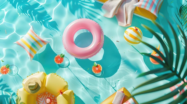 Photo piscine aquatique ornée de flotteurs colorés et de boissons pour un événement de loisirs aig