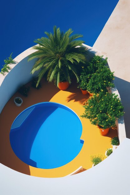 Une piscine avec bassin et arbres devant.