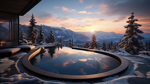 Une piscine en béton dans la montagne sous le lever du soleil enneigé IA générative