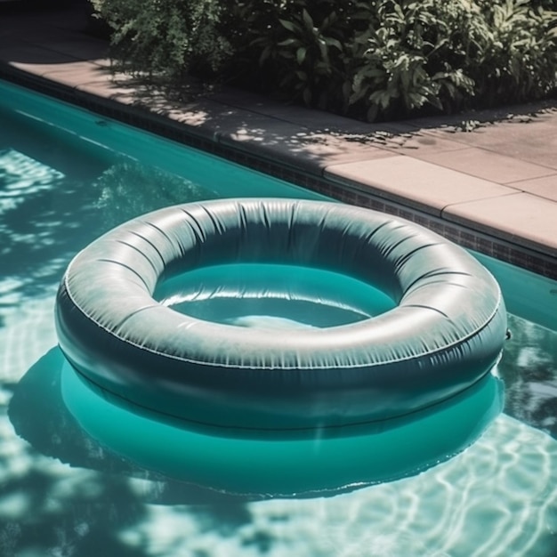 Une piscine bleue avec un anneau en caoutchouc qui dit "je suis une piscine"