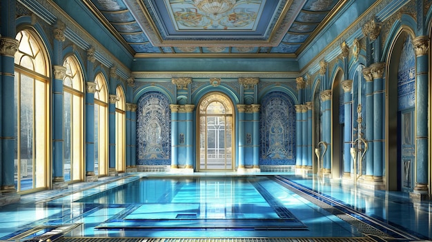 une piscine bleue dans un bâtiment de fantaisie