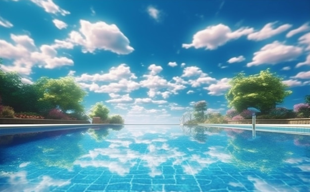Photo piscine bleue de luxe maison de relaxation palmier grande eau d'été ia générative