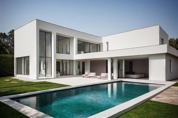 Piscine bleue avec maison blanche à deux étages