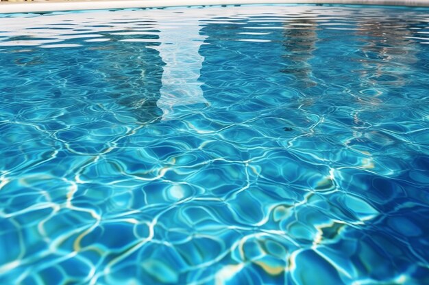 Une piscine bleue avec le reflet d'un bâtiment dans l'eau.