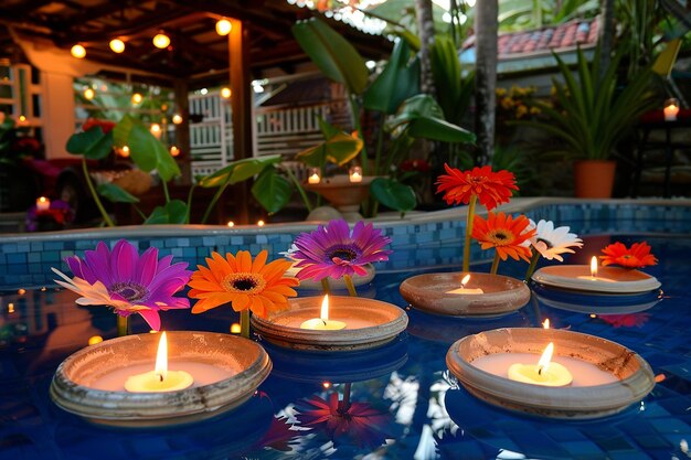 Une piscine avec des bougies et des fleurs flottantes