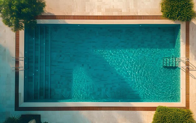 Une piscine avec une caractéristique d'eau et une terrasse au milieu