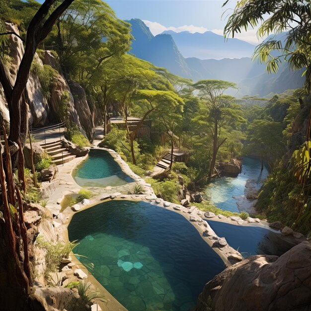 Photo une piscine avec une cascade et une cascade en arrière-plan