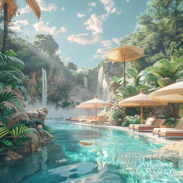 Photo une piscine avec une cascade et une cascade en arrière-plan