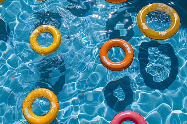 une piscine de cobalt avec des flotteurs disposés comme des points de polka créant une scène de plaisir d'été