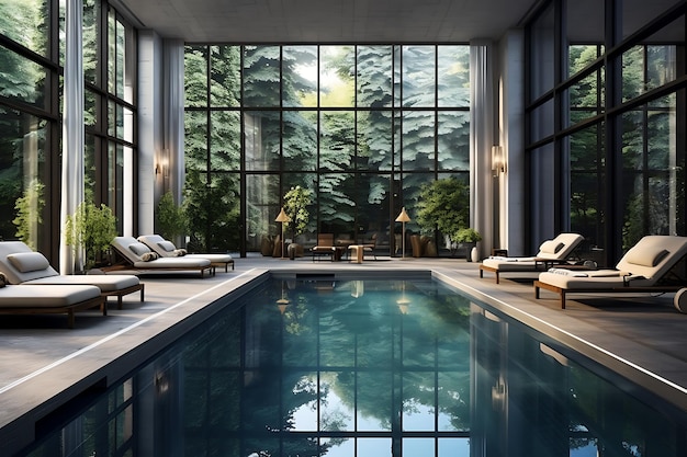 piscine contemporaine moderne avec de grandes fenêtres