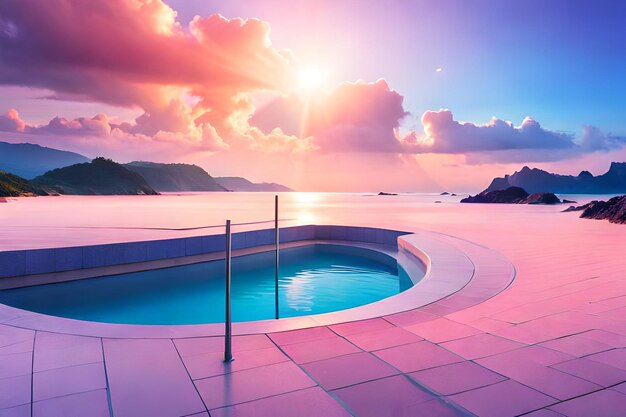 Une piscine avec un coucher de soleil en arrière-plan