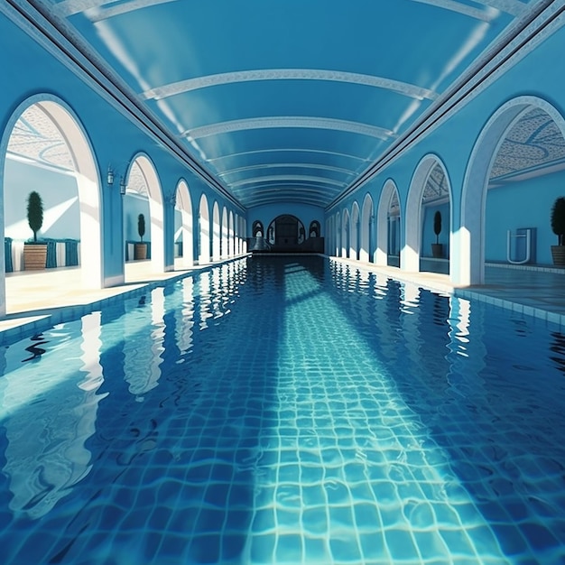 Une piscine dans un bâtiment qui a un plafond bleu et un plafond bleu clair.