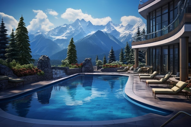 Piscine dans un hôtel de luxe avec des montagnes en arrière-plan pendant la journée