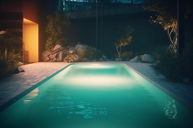 Photo une piscine dans un jardin avec une maison éclairée en arrière-plan.