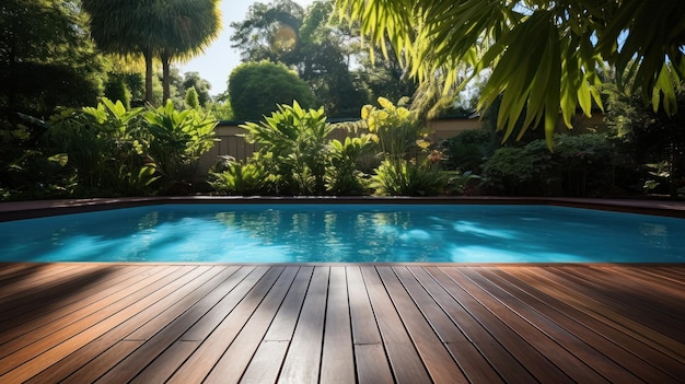 Photo piscine dans le jardin plancher en bois