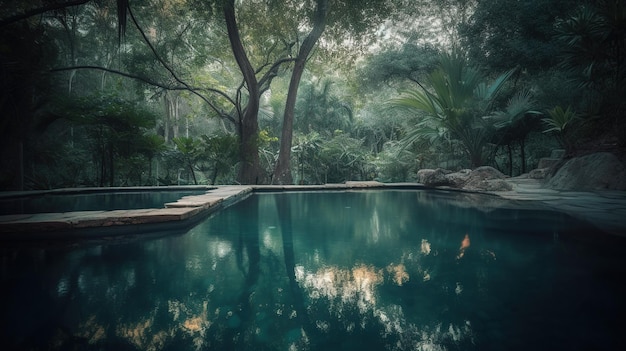 Une piscine dans une jungle avec des arbres et un fond de ciel