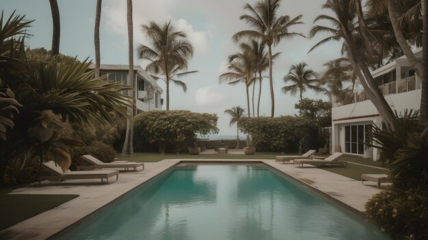 Une piscine dans une maison avec un palmier en arrière-plan