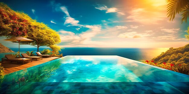 Photo une piscine à débordement ensoleillée à couper le souffle dans une retraite estivale somptueuse au style sophistiqué