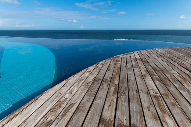 Piscine à débordement avec vue sur la mer et le ciel bleu