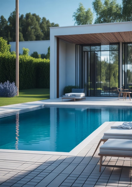 Photo une piscine avec un deck en bois et une structure en bois avec une porte vitrée.