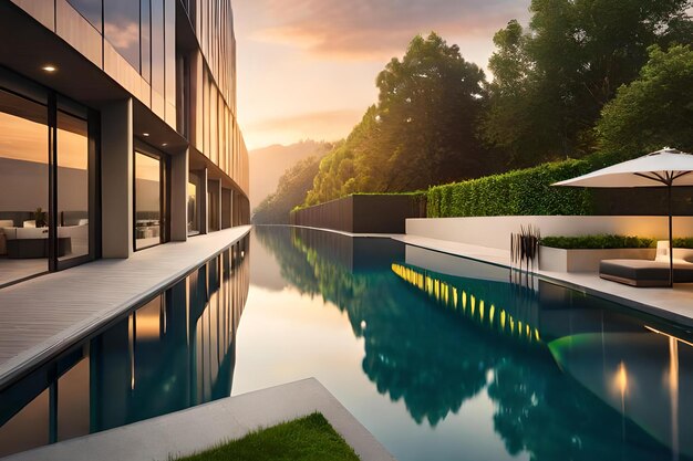 Une piscine devant un immeuble avec un coucher de soleil en arrière-plan.