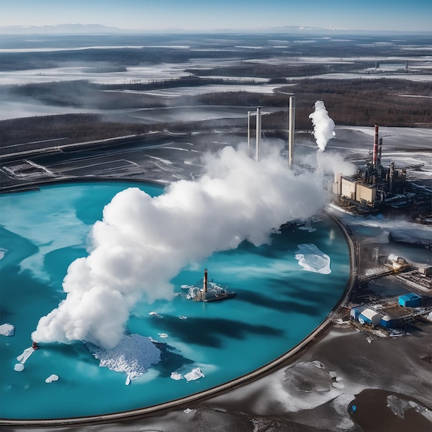 une piscine d'eau bleue avec de la fumée qui en sort.