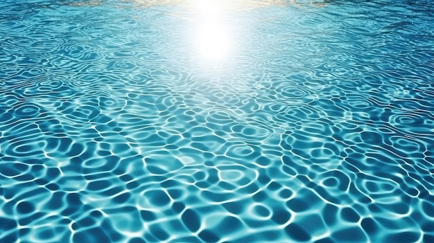 Une piscine avec de l'eau bleue et le soleil qui brille dessus