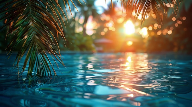 Avec une piscine d'eau et de palmiers