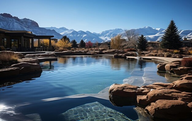 Une piscine entourée de rochers avec des montagnes en arrière-plan AI