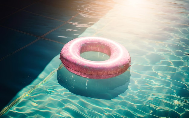 Piscine d'été avec un flotteur rose et un espace de copie Concept de vacances de voyage Été bleu texturé aqua