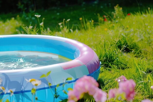 Piscine gonflable avec de l'eau propre sur une herbe avec des fleurs