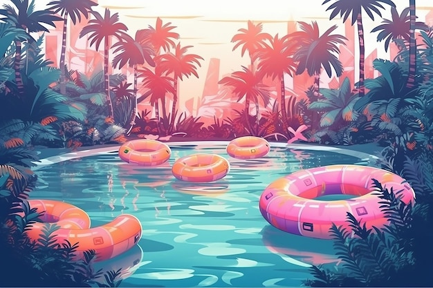 Piscine gonflable d'illustration d'été de fête avec des palmiers