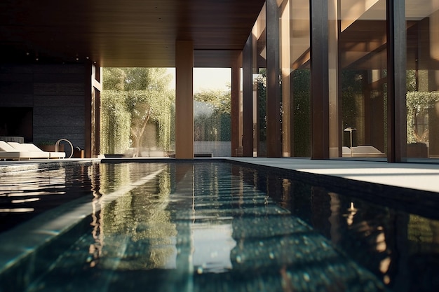 La piscine de l'hôtel est entourée d'arbres et de plantes.