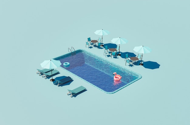 Piscine D'hôtel Isométrique Avec Parasols Et Hamacs Autour Du Concept D'été