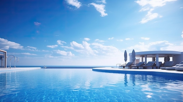 Une piscine infinie d'hôtel bleu sous le soleil de midi l'atmosphère rafraîchissante et luxueuse avec la piscine s'étendant sans couture dans l'horizon