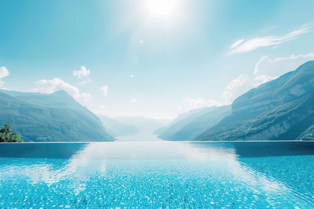 Une piscine infinie de luxe tranquille avec vue sur la montagne sous un ciel bleu ensoleillé.