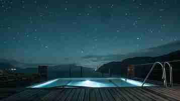 Photo une piscine infinie luxueuse surplombe un paysage montagneux magnifique l'eau est cristalline le ciel est sombre et rempli d'étoiles