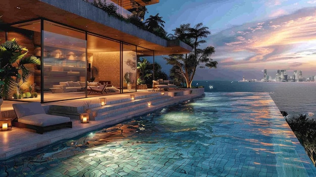 Une piscine infinie moderne surplombant un paysage urbain