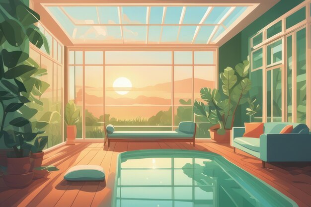 Photo une piscine à l'intérieur de la pièce au lever du soleil dans un style art plat