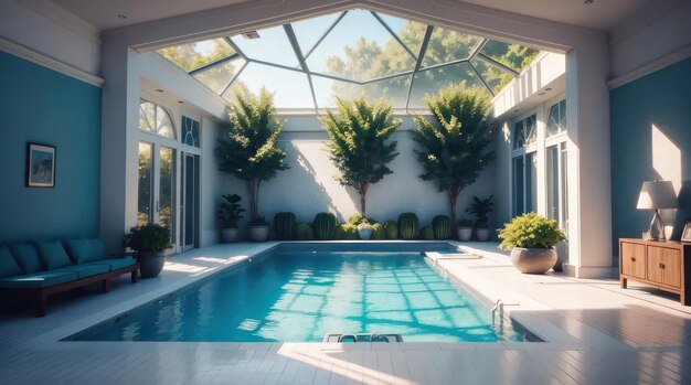 Une piscine à l’intérieur d’une pièce moderne aux tons bleus