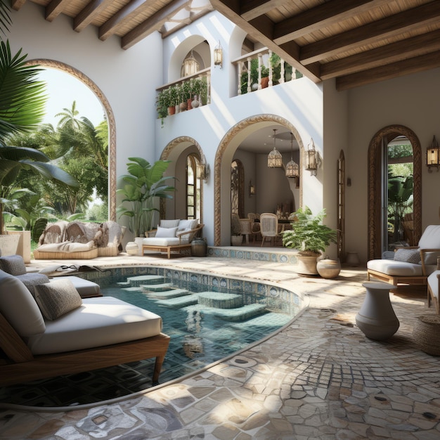 Piscine intérieure avec un coin assis et une vue sur le jardin