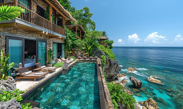 une piscine avec une maison sur le côté et un balcon surplombant l'océan