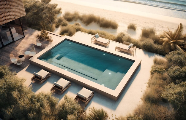 Une piscine avec mobilier de jardin donnant sur la plage