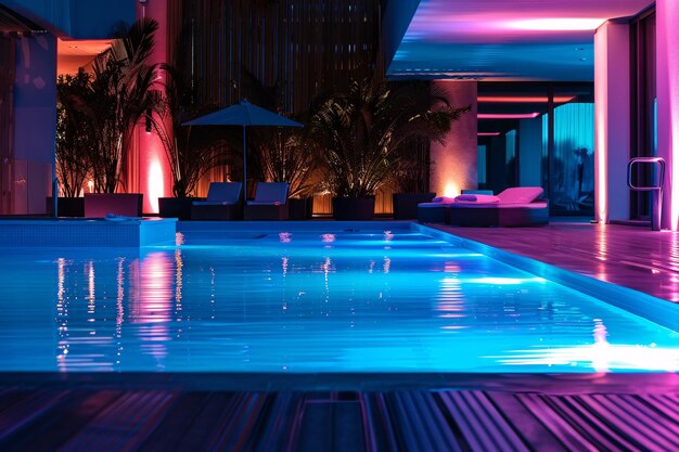 Piscine moderne de luxe la nuit avec lumière près de l'hôtel