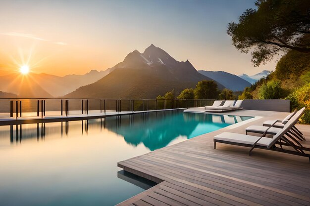 Une piscine avec une montagne en arrière-plan