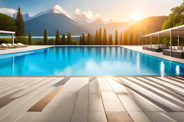 Photo piscine avec une montagne en arrière-plan.