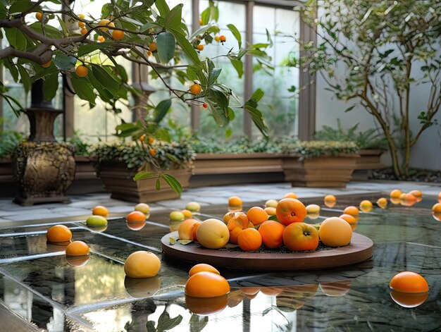 Photo une piscine avec des oranges et un bol d'oranges dessus